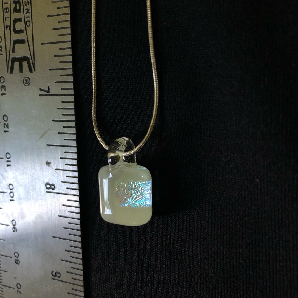 Glass Square Pendant Necklace in Cream with Iridescent Accent